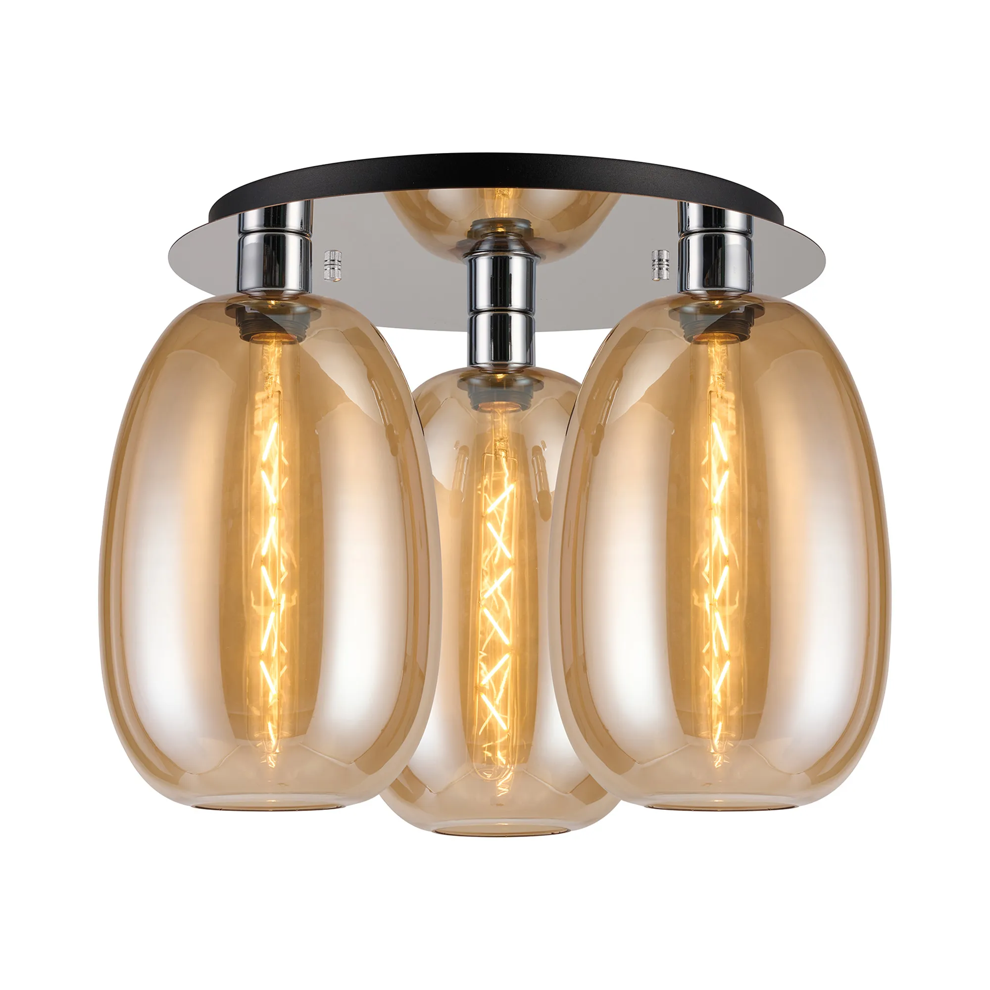 DK1340  Lori 40cm Round Ceiling Flush, 3 Light Flush Fitting, Polished Chrome/Amber Slim Curved Trapezium Shades